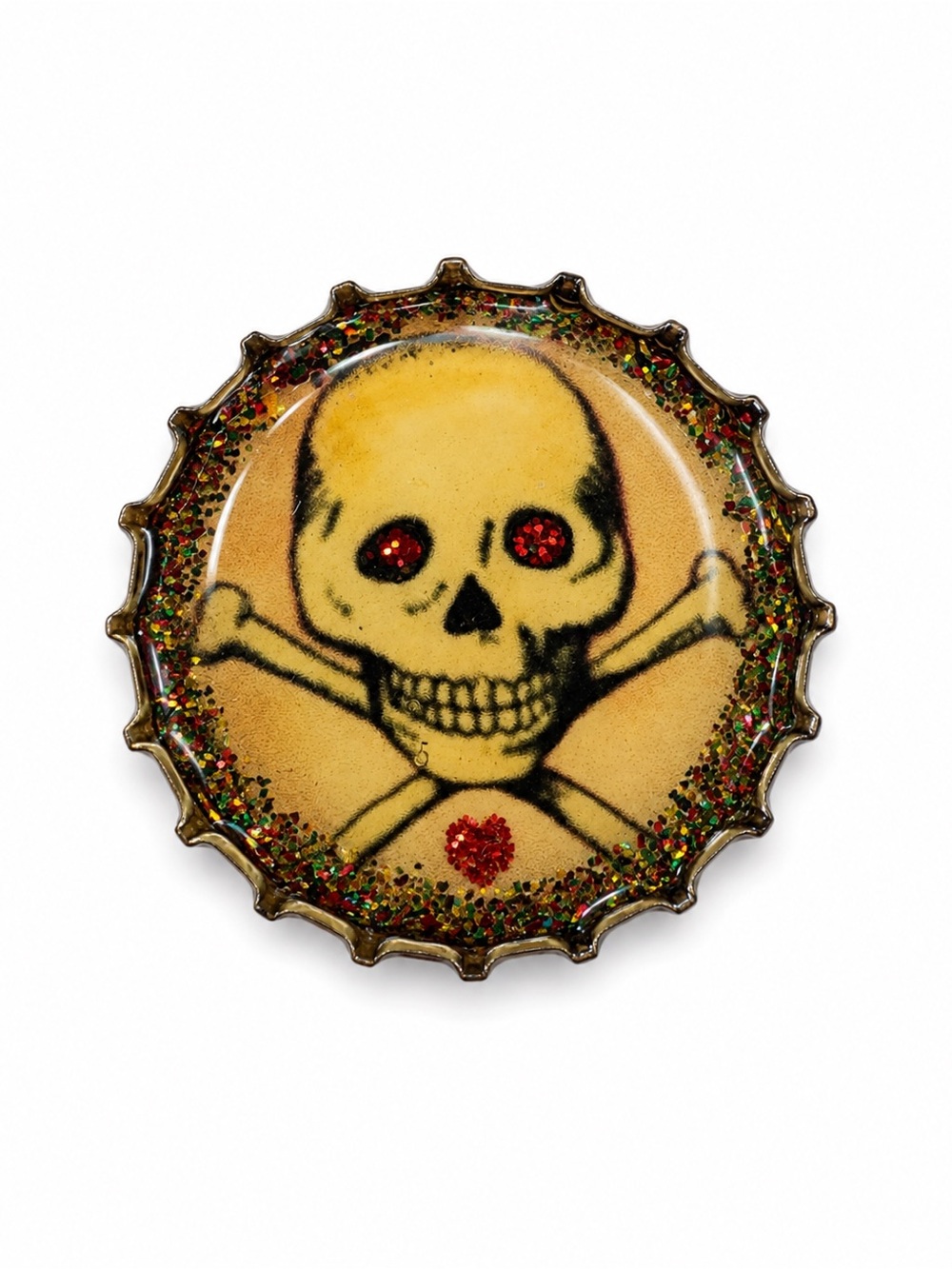 Funky Skull & Crossbones Resin Bottle Cap Pin Brooch